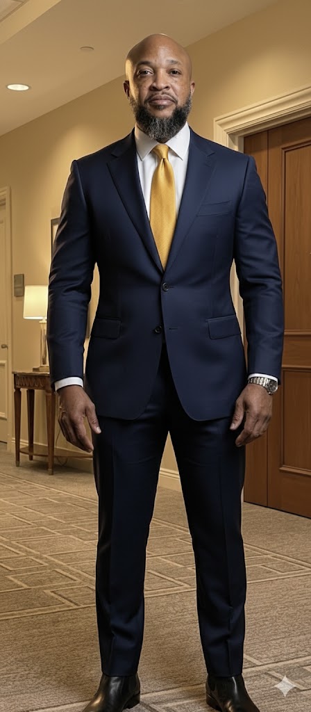 Raoul Cannon in a navy suit and gold tie